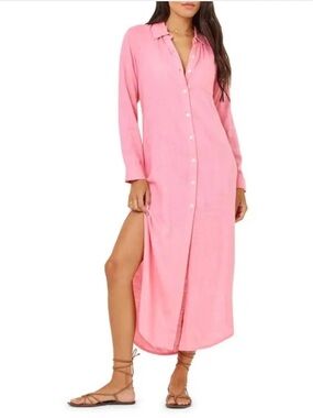 l*space Pink Long Button-Front Cover-Up in Guava